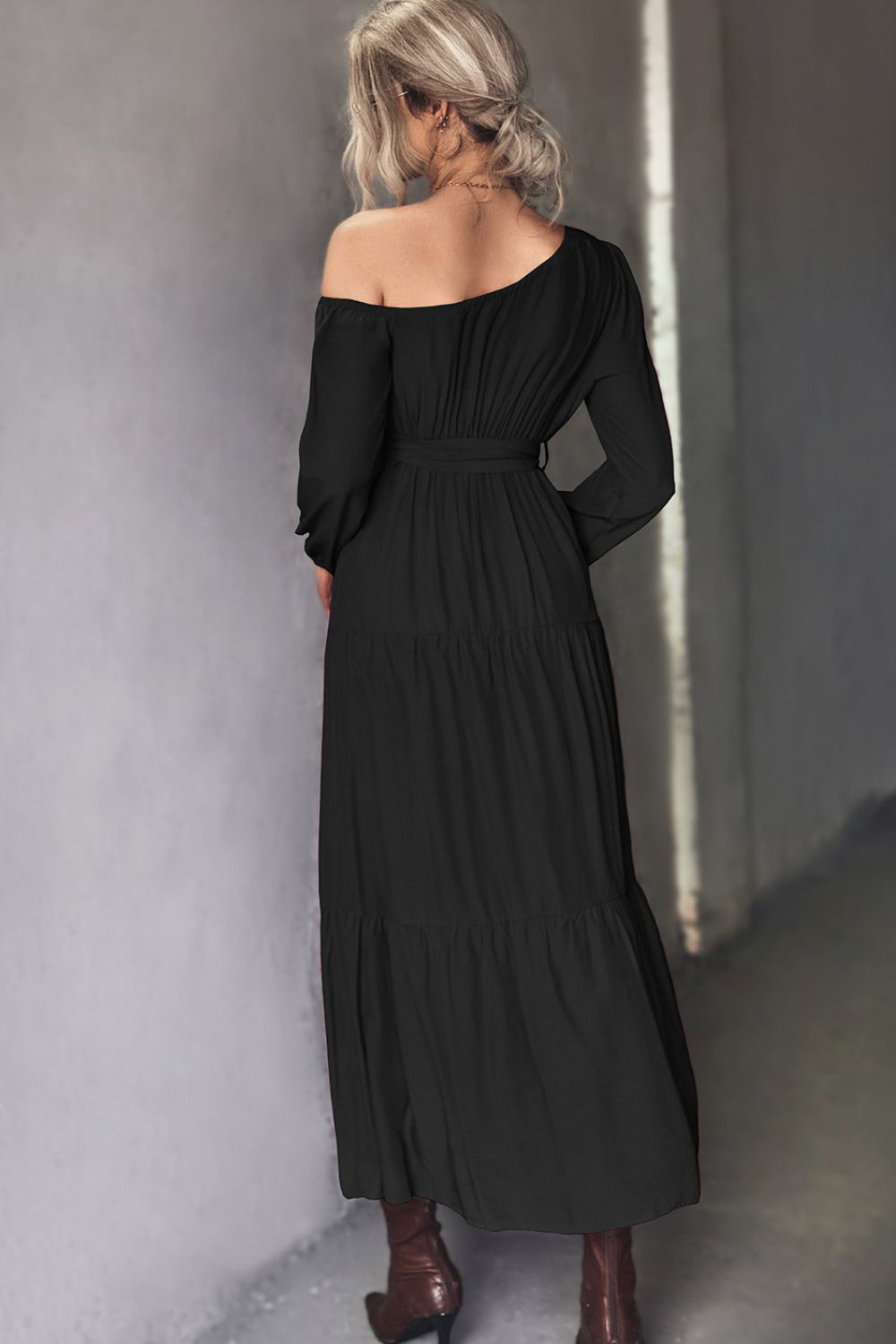 Coven Belted One-Shoulder Tiered Maxi Dress