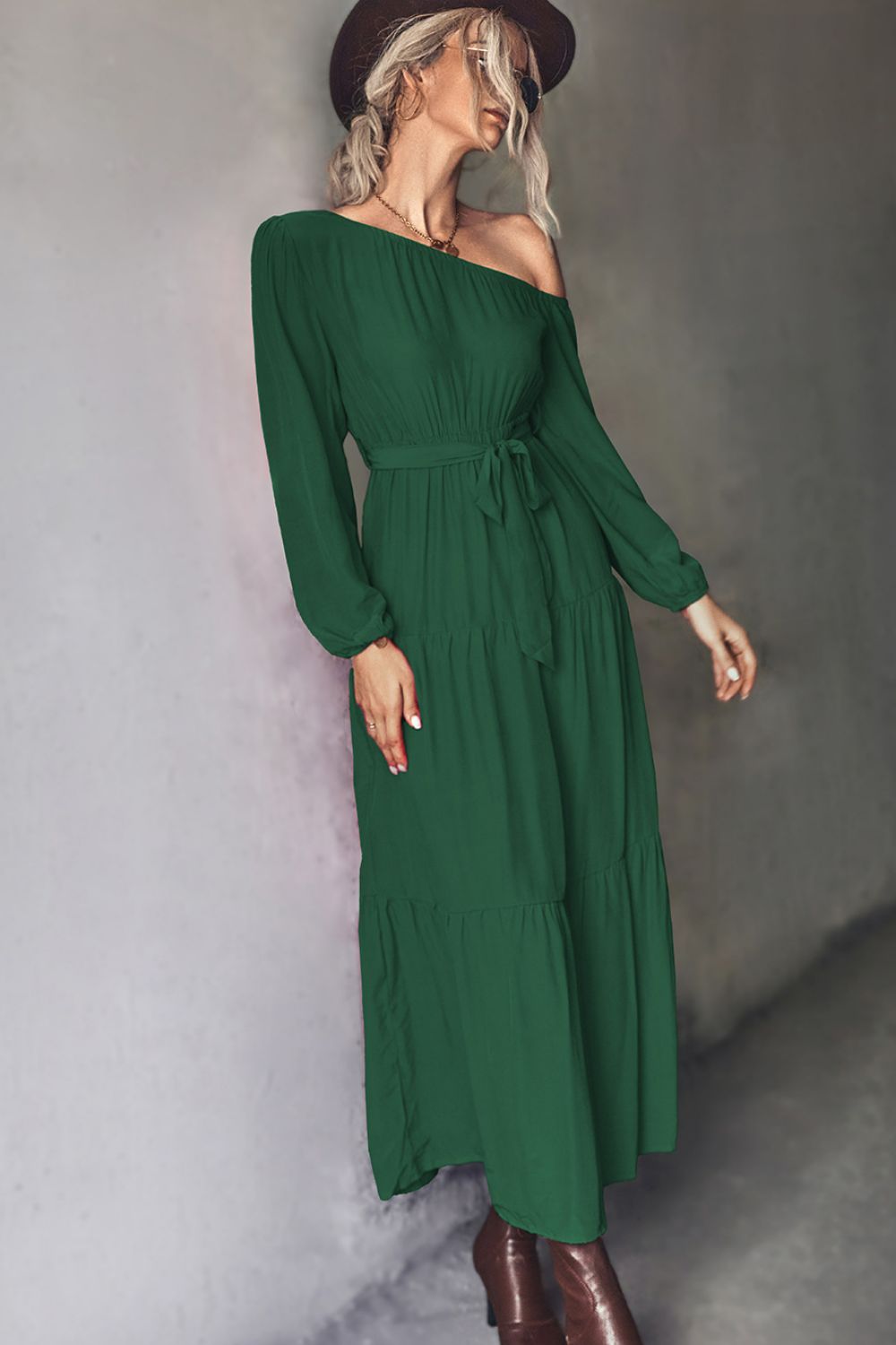 Coven Belted One-Shoulder Tiered Maxi Dress